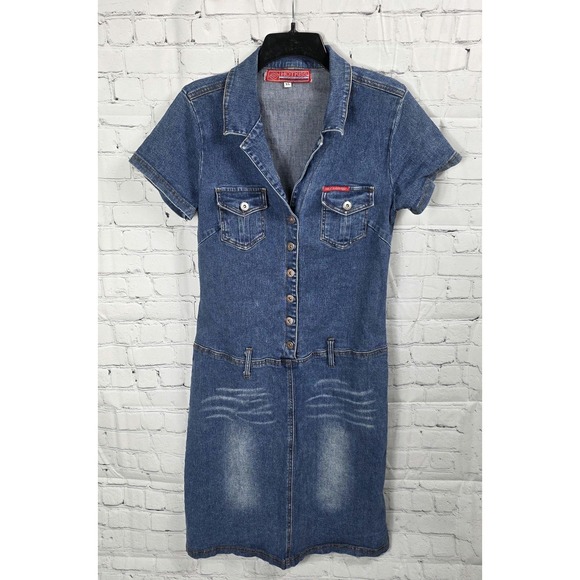 Hot Kiss Women's Denim Shirt Dress XL Pockets Button Front Y2K Retro VNTG T12-9 - Picture 1 of 9